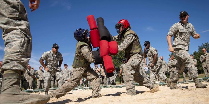 U.S. AIR FORCE ACADEMY, Colo. -- Basic Cadets from the class of 2023 compete with pugil sticks as part of phase two of basic cadet training which takes place in Jack's Valley on the U.S. Air Force Academy on Thursday, July 25th, 2019.  (U.S. Air Force photo/Joshua Armstrong)